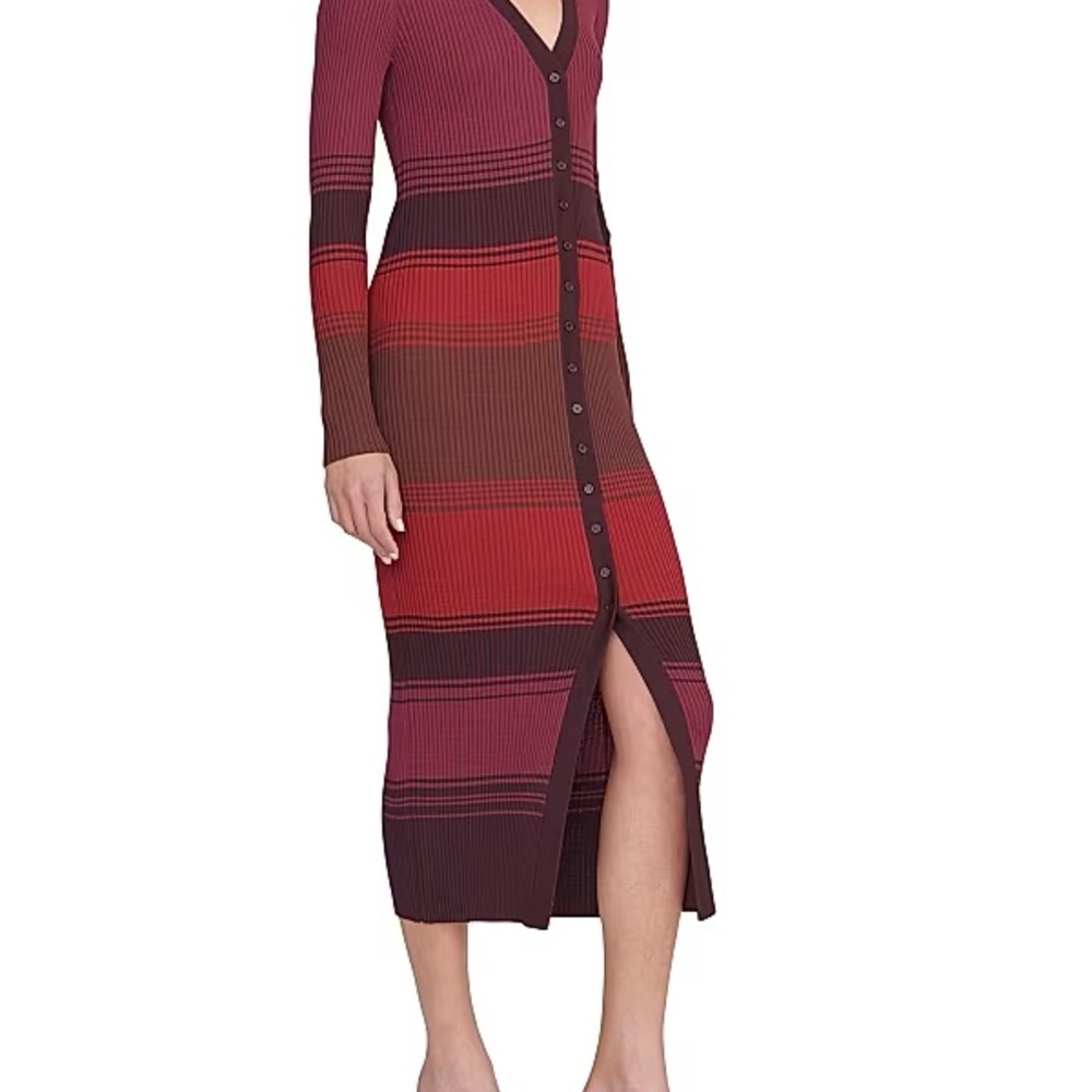 STAUD Red and Brown Striped Long Sleeve Dress